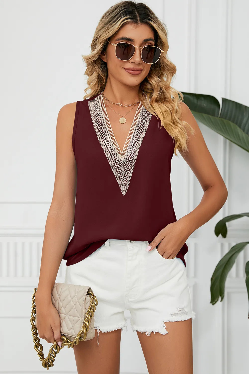Solid color chiffon shirt loose V-neck pullover sleeveless top vest