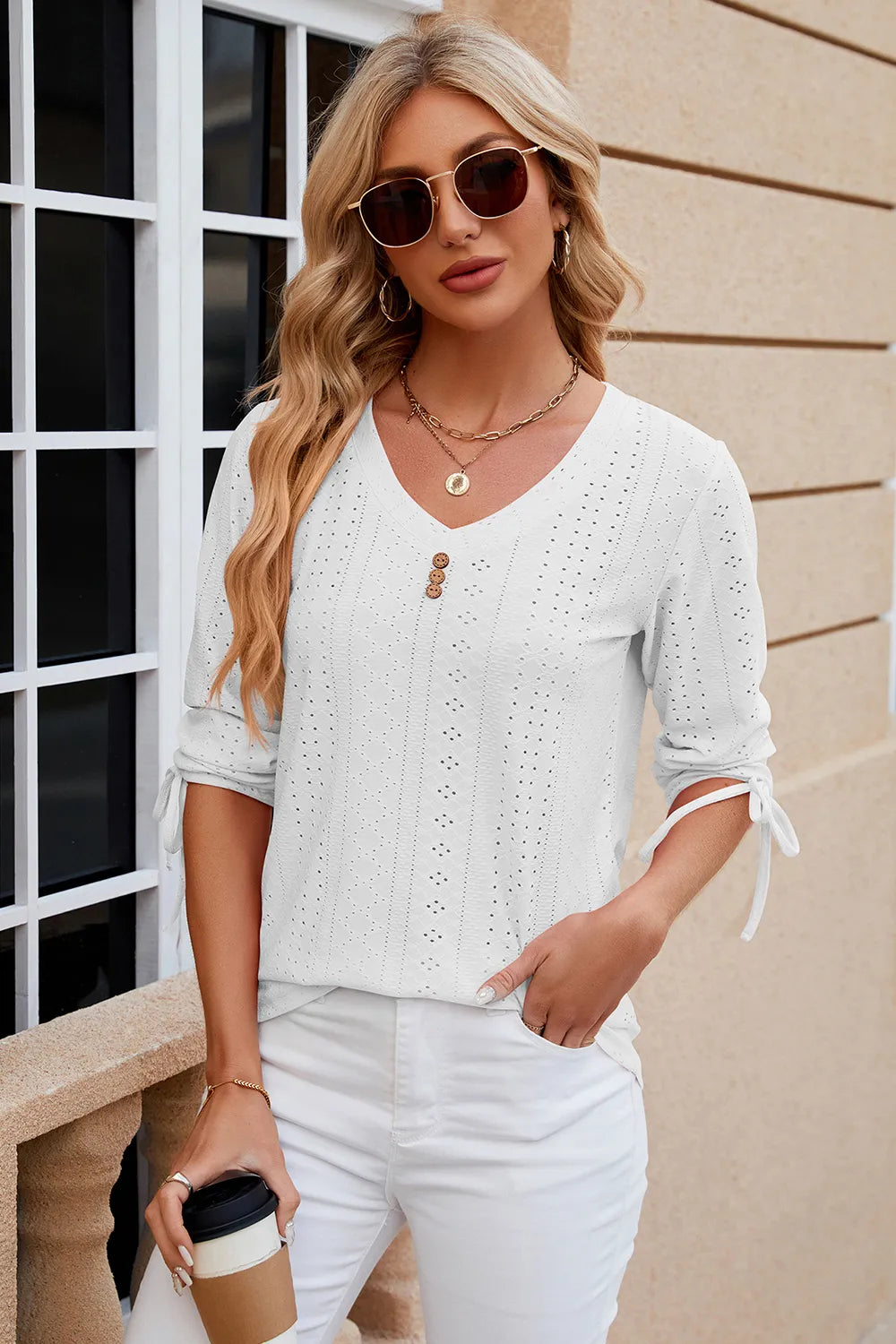 Button V-neck solid color mid sleeve loose T-shirt top for women's wear