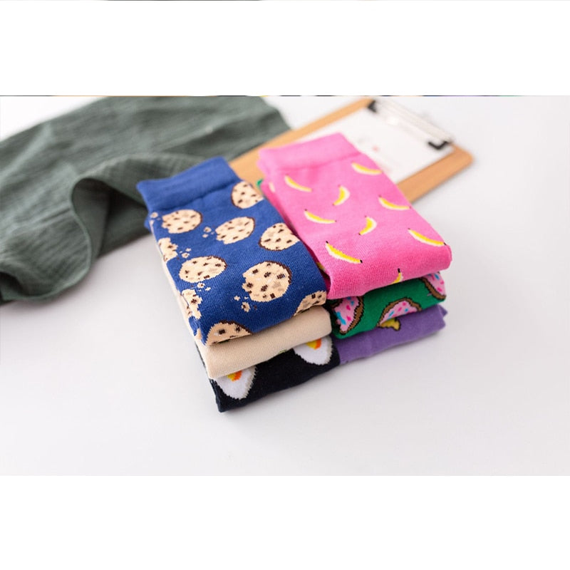 Women Socks Funny Cute Cartoon Fruits Banana Avocado Lemon Egg Cookie Donuts Food Happy Japanese Harajuku skateboard Socks