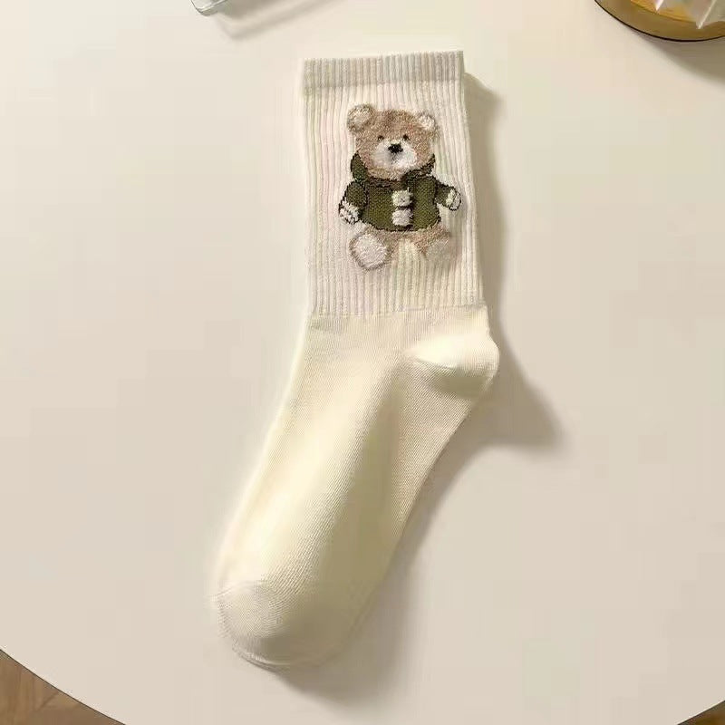 Little Bear Socks, Children's Middle Socks, Spring and Autumn Ins Trendy, Cute, Versatile, Fresh Japanese Coffee Color, Outerwear Long Socks, Autumn and Winter