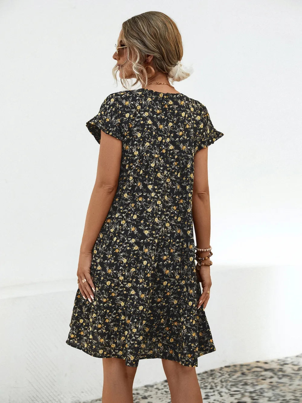 Round neck lotus leaf sleeve printed dress