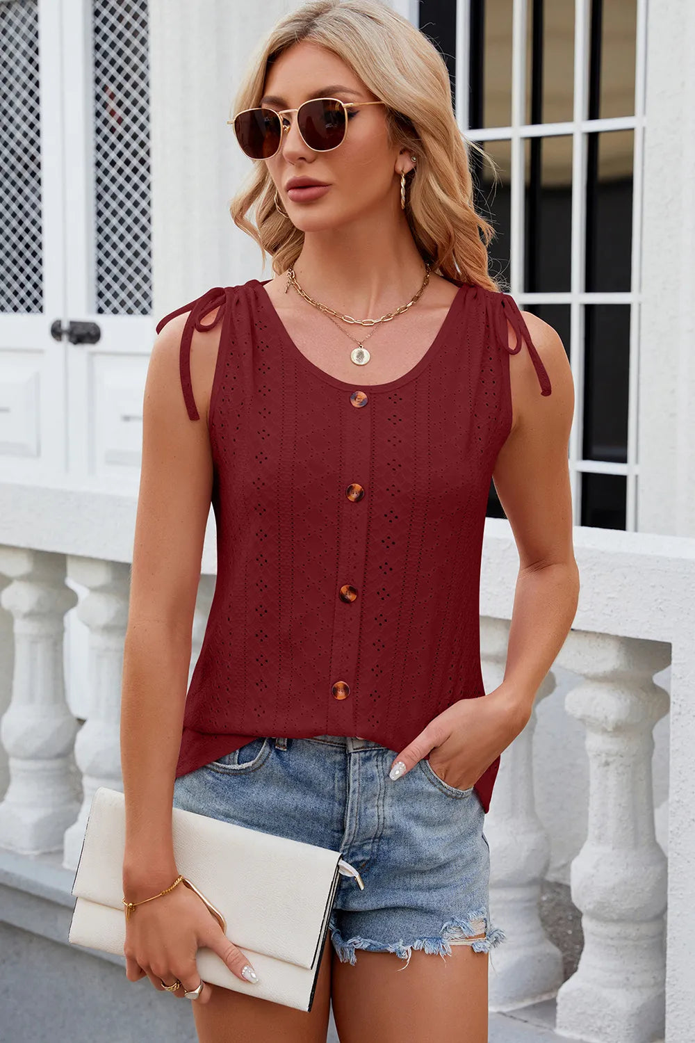 Solid color round neck button drawstring loose vest
