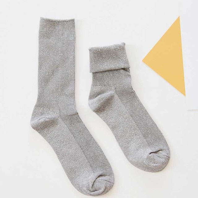 Winter Cotton Solid Shiny Woman Simple Socks Fashion Art Fold Female Student Thick Warm Socks Shiny Metallic Line Sock