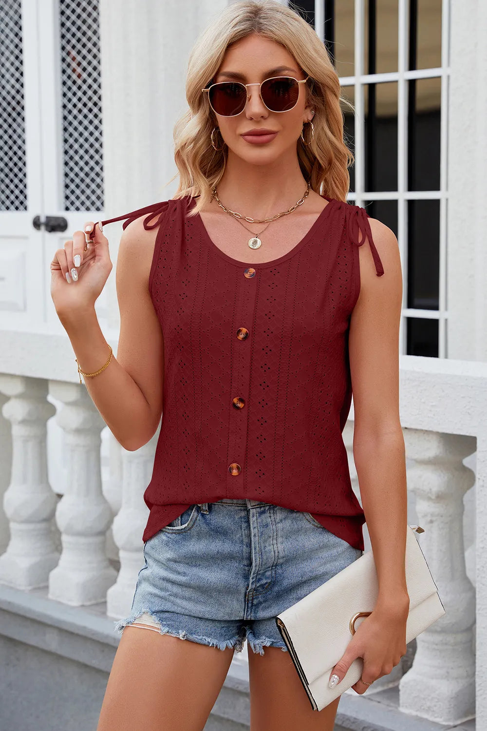 Solid color round neck button drawstring loose vest