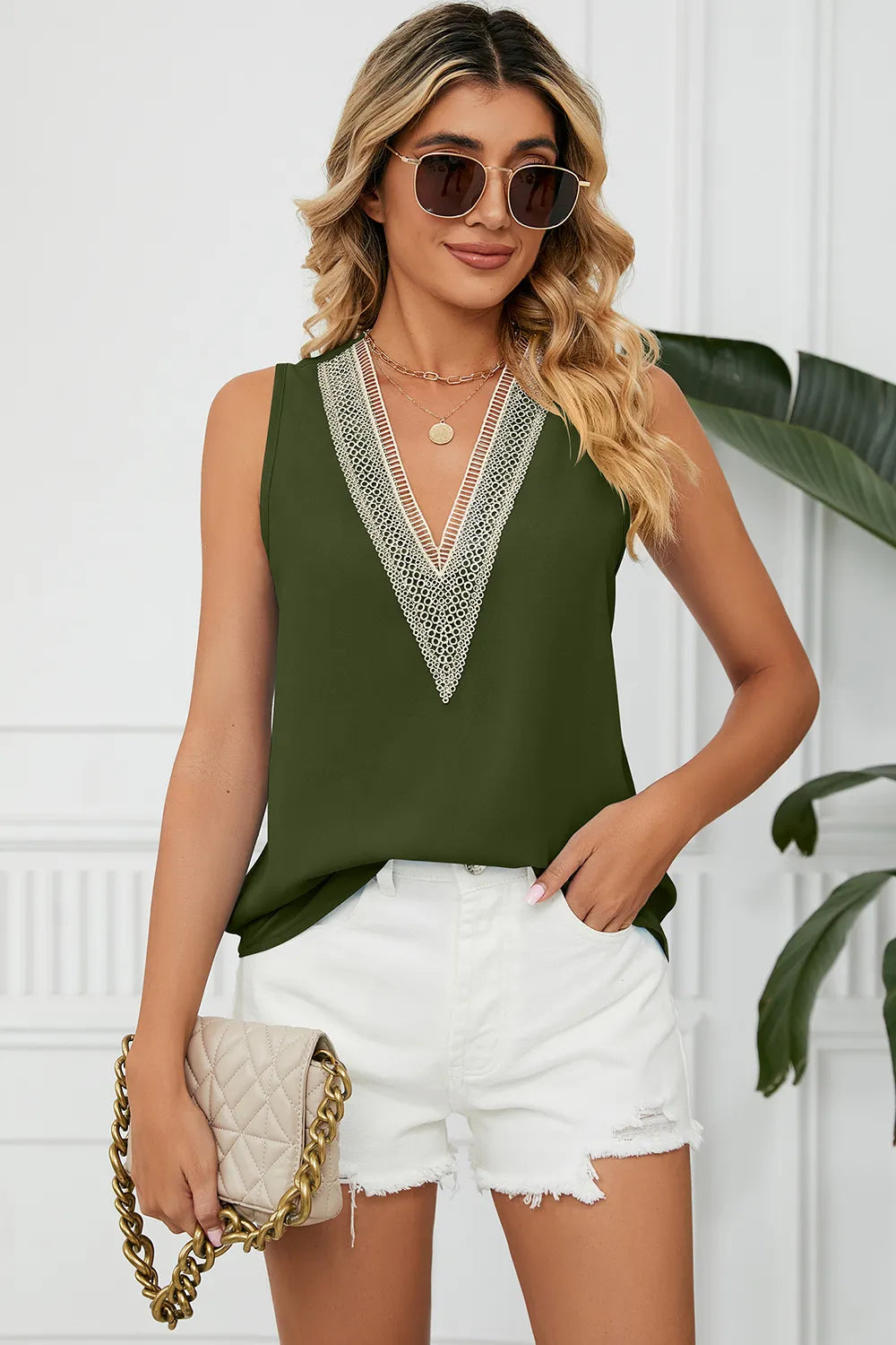 Solid color chiffon shirt loose V-neck pullover sleeveless top vest
