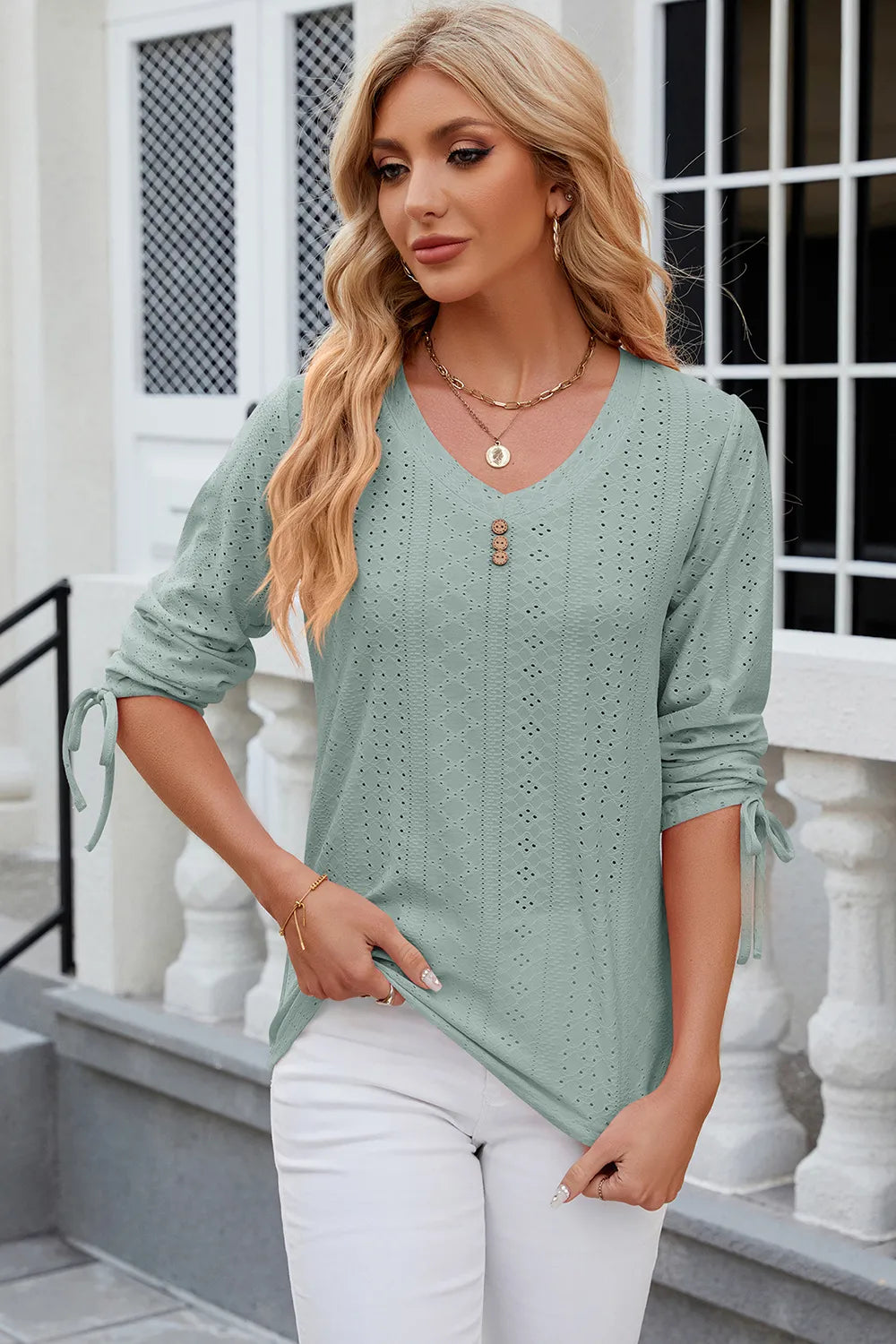 Button V-neck solid color mid sleeve loose T-shirt top for women's wear