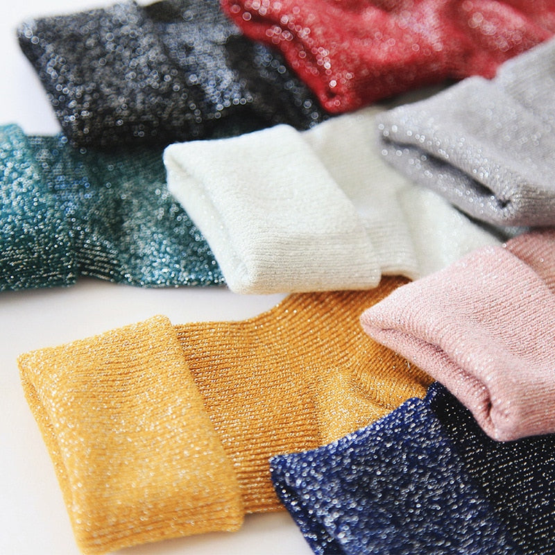 Winter Cotton Solid Shiny Woman Simple Socks Fashion Art Fold Female Student Thick Warm Socks Shiny Metallic Line Sock