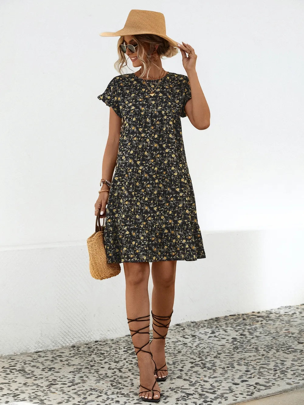 Round neck lotus leaf sleeve printed dress
