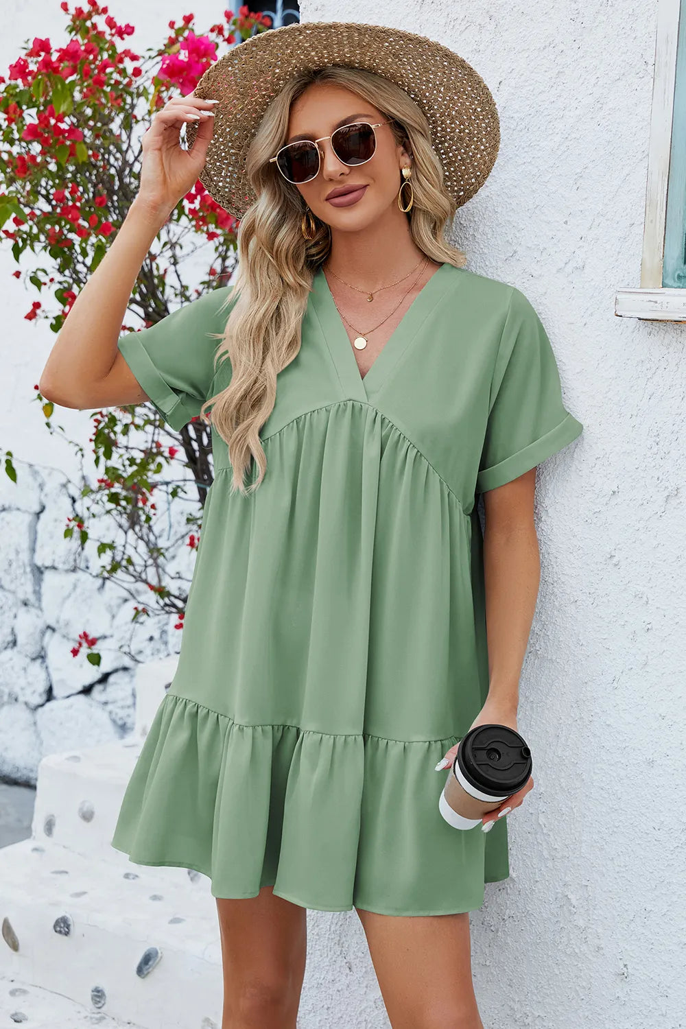 Spring and summer new solid color V-neck loose pleated dress for women