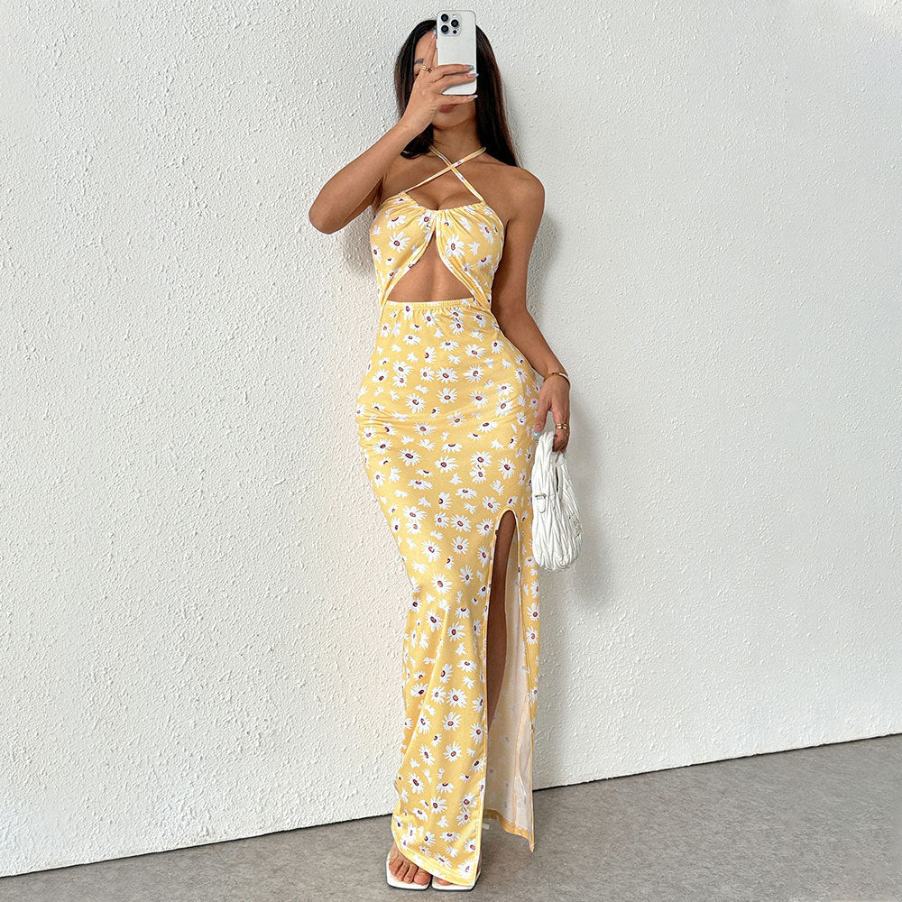 European and American women's suspender high slit daisy print slim and gentle dress