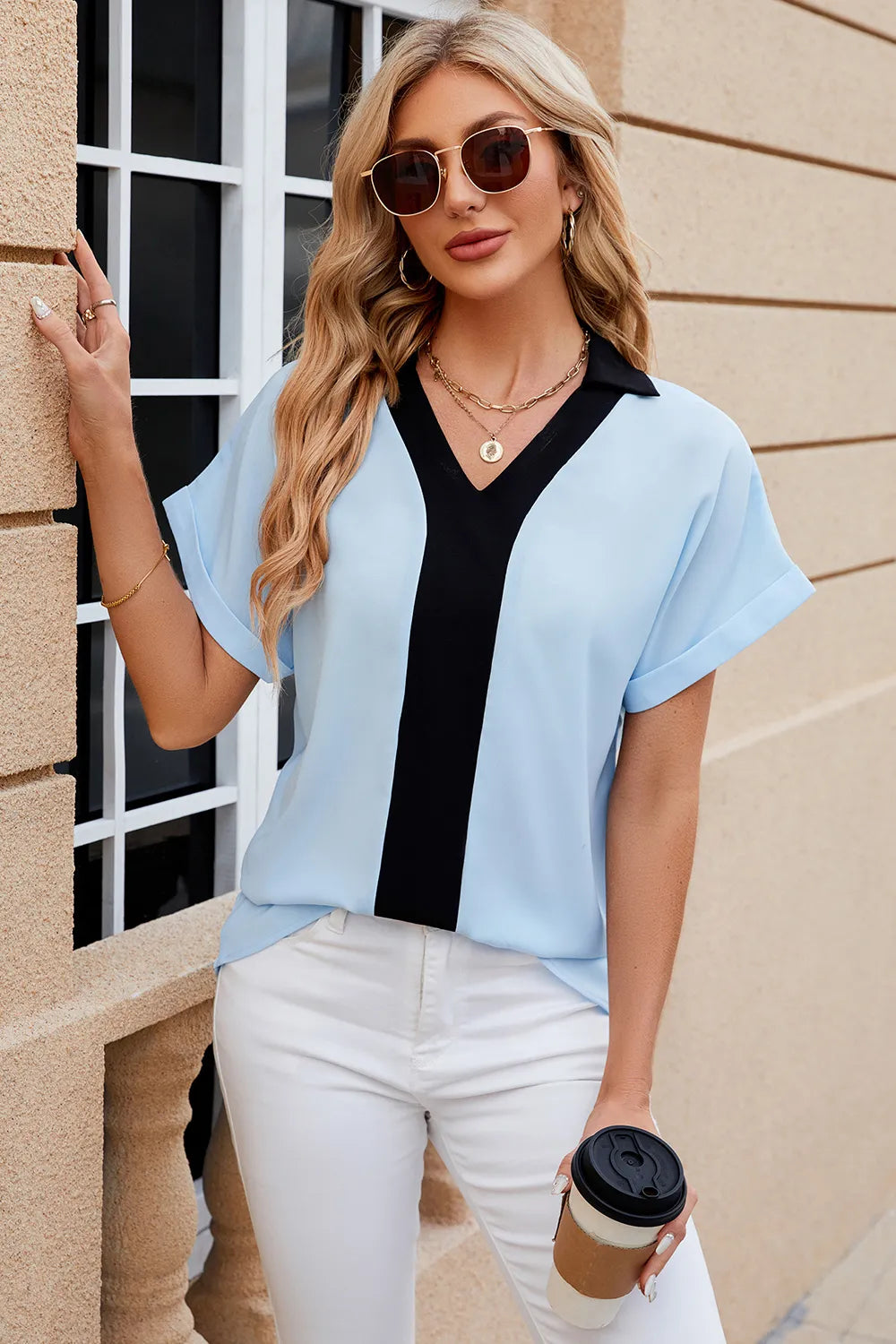 Flip collar chiffon shirt loose short sleeved top for women