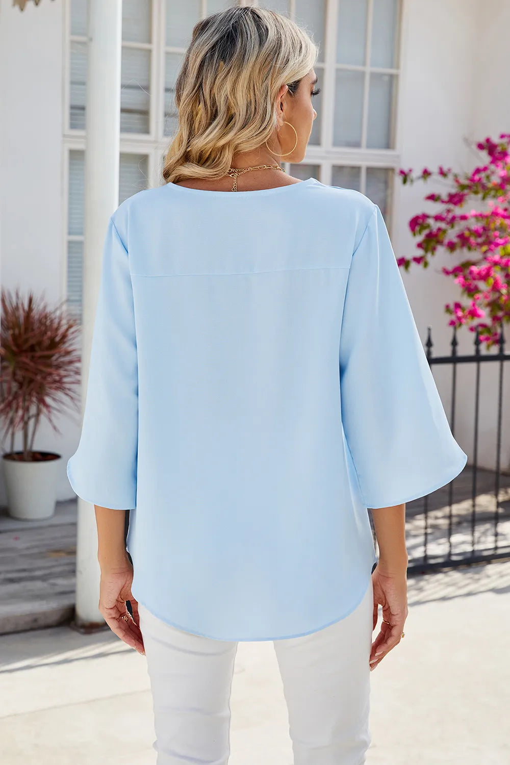 Solid color V-neck mid sleeved loose chiffon women's top