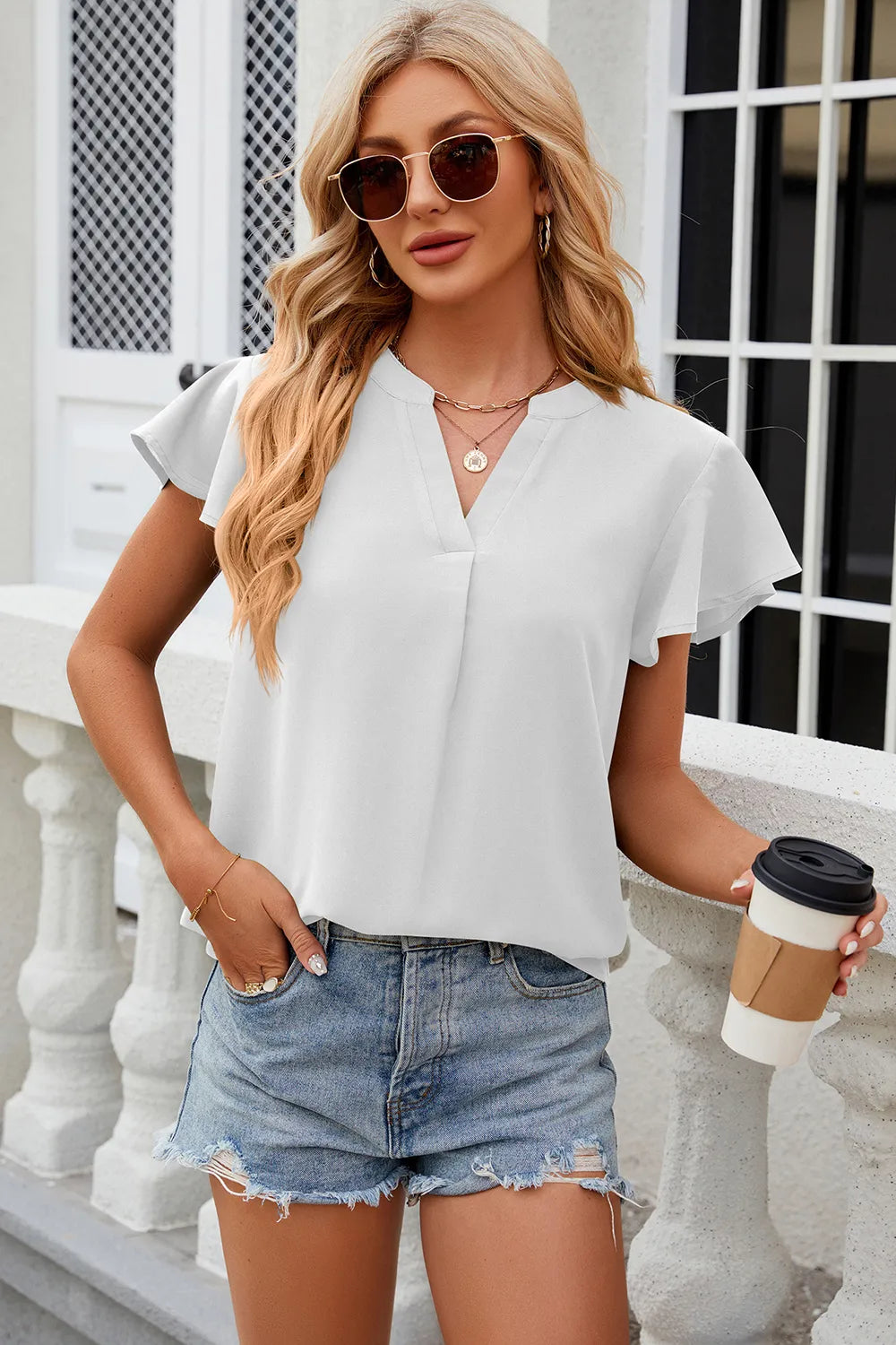 Solid color V-neck loose short sleeved chiffon top for women
