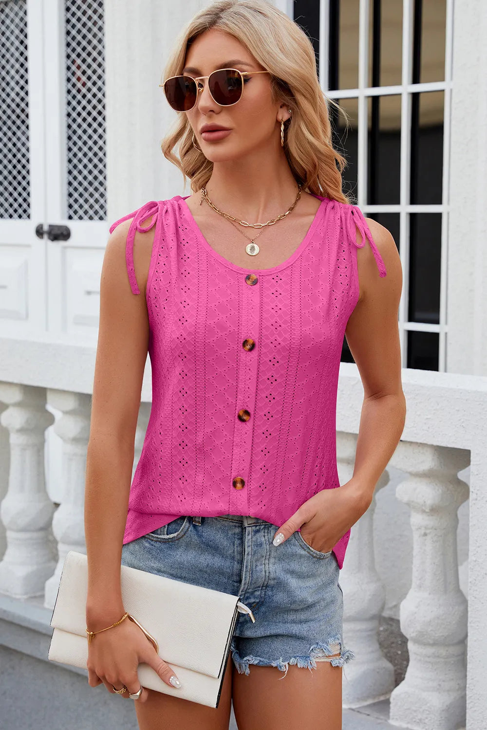 Solid color round neck button drawstring loose vest