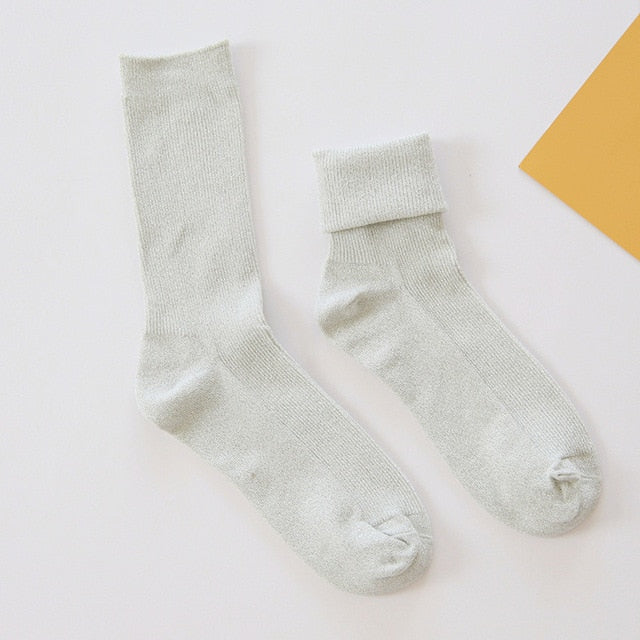 Winter Cotton Solid Shiny Woman Simple Socks Fashion Art Fold Female Student Thick Warm Socks Shiny Metallic Line Sock
