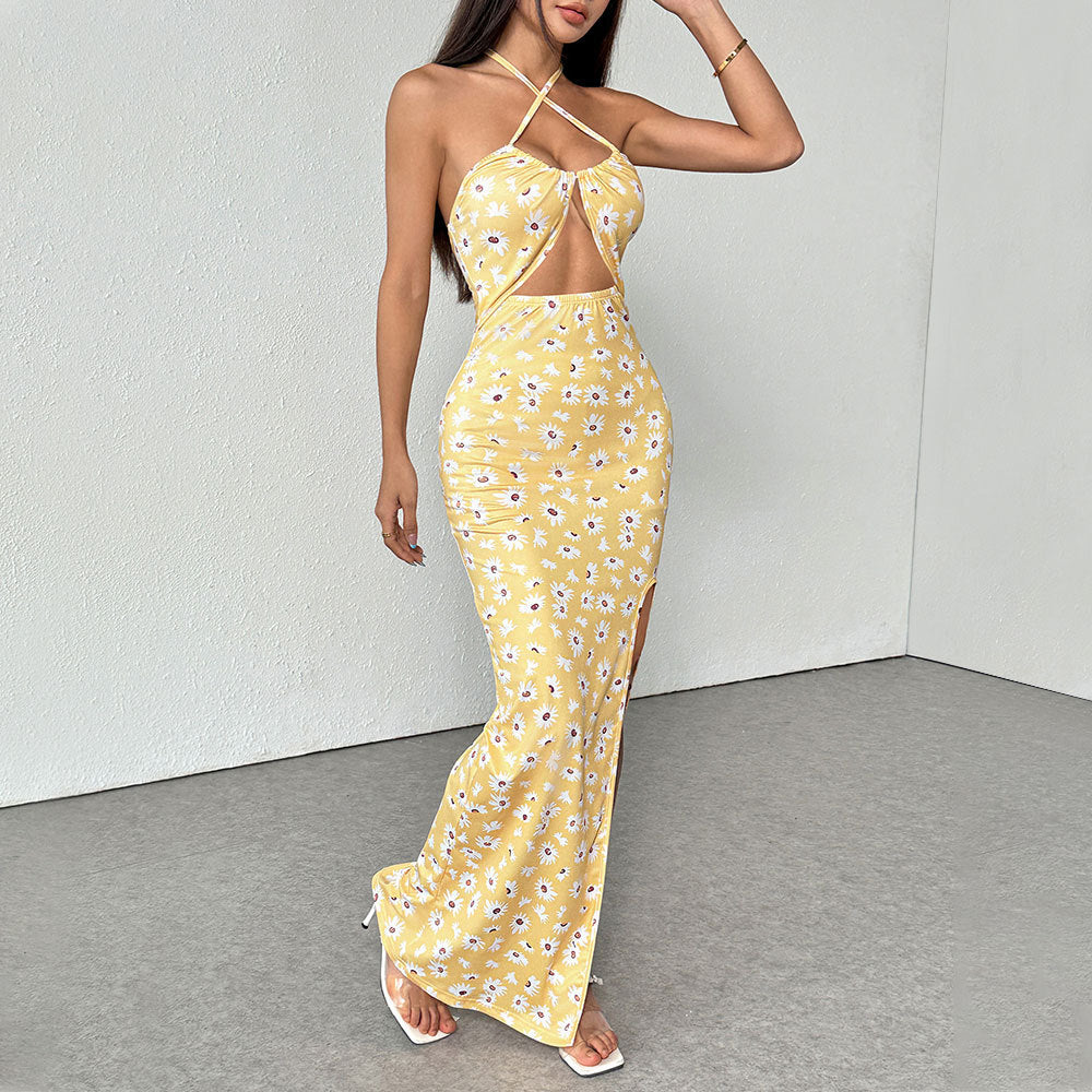 European and American women's suspender high slit daisy print slim and gentle dress