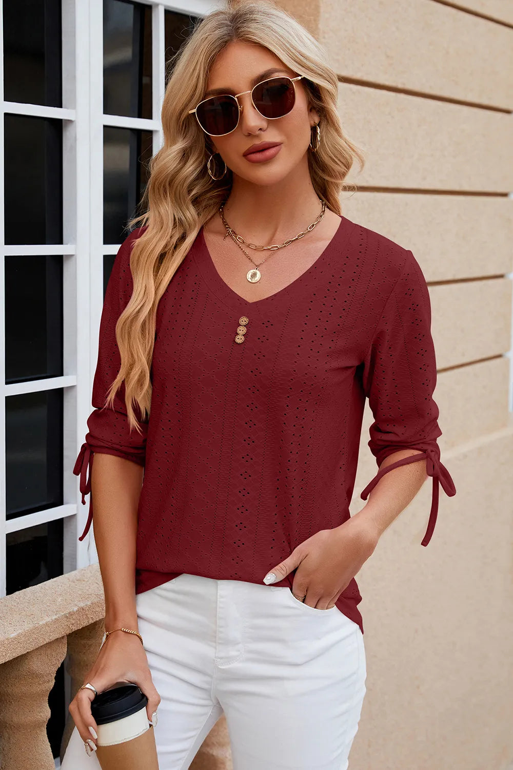 Button V-neck solid color mid sleeve loose T-shirt top for women's wear