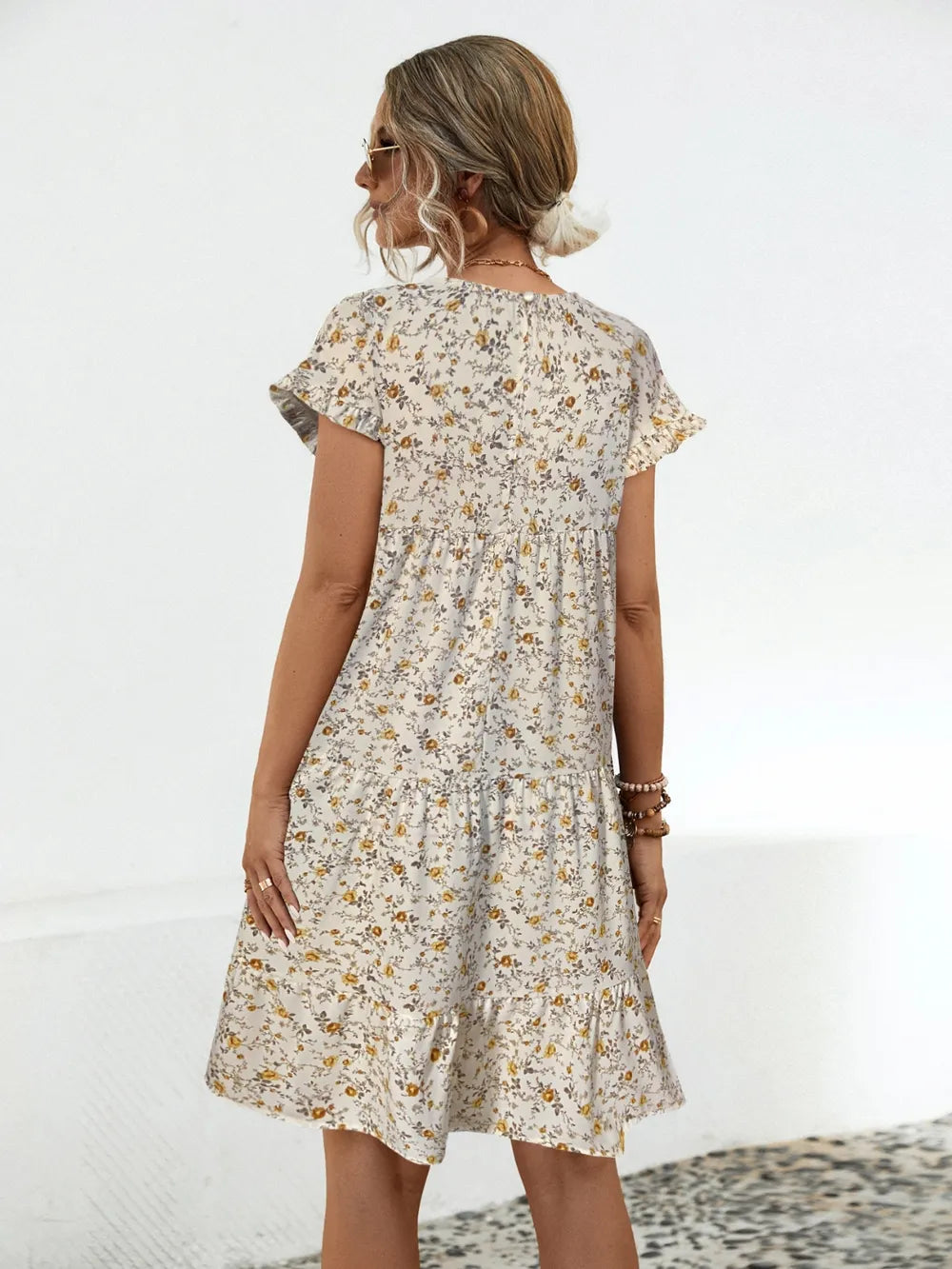Round neck lotus leaf sleeve printed dress