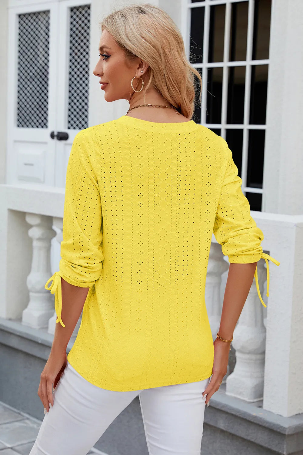 Button V-neck solid color mid sleeve loose T-shirt top for women's wear