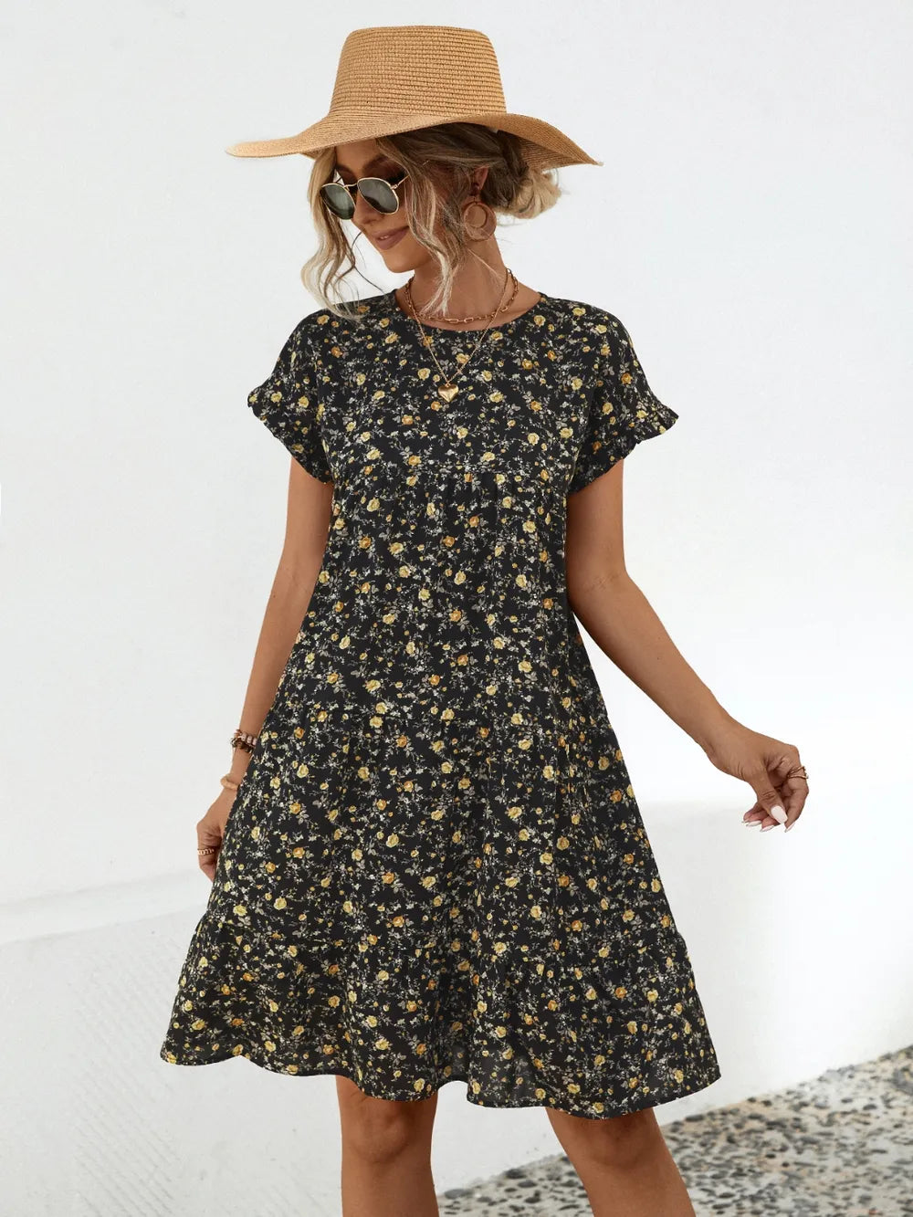 Round neck lotus leaf sleeve printed dress