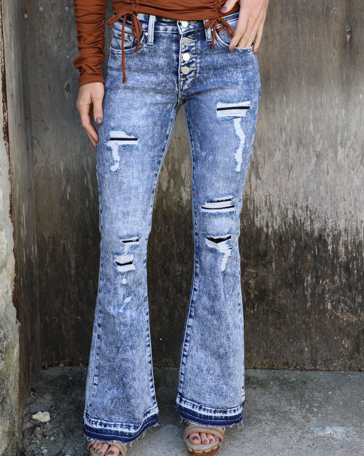 Distressed Button-Fly Bootcut Jeans with Pockets