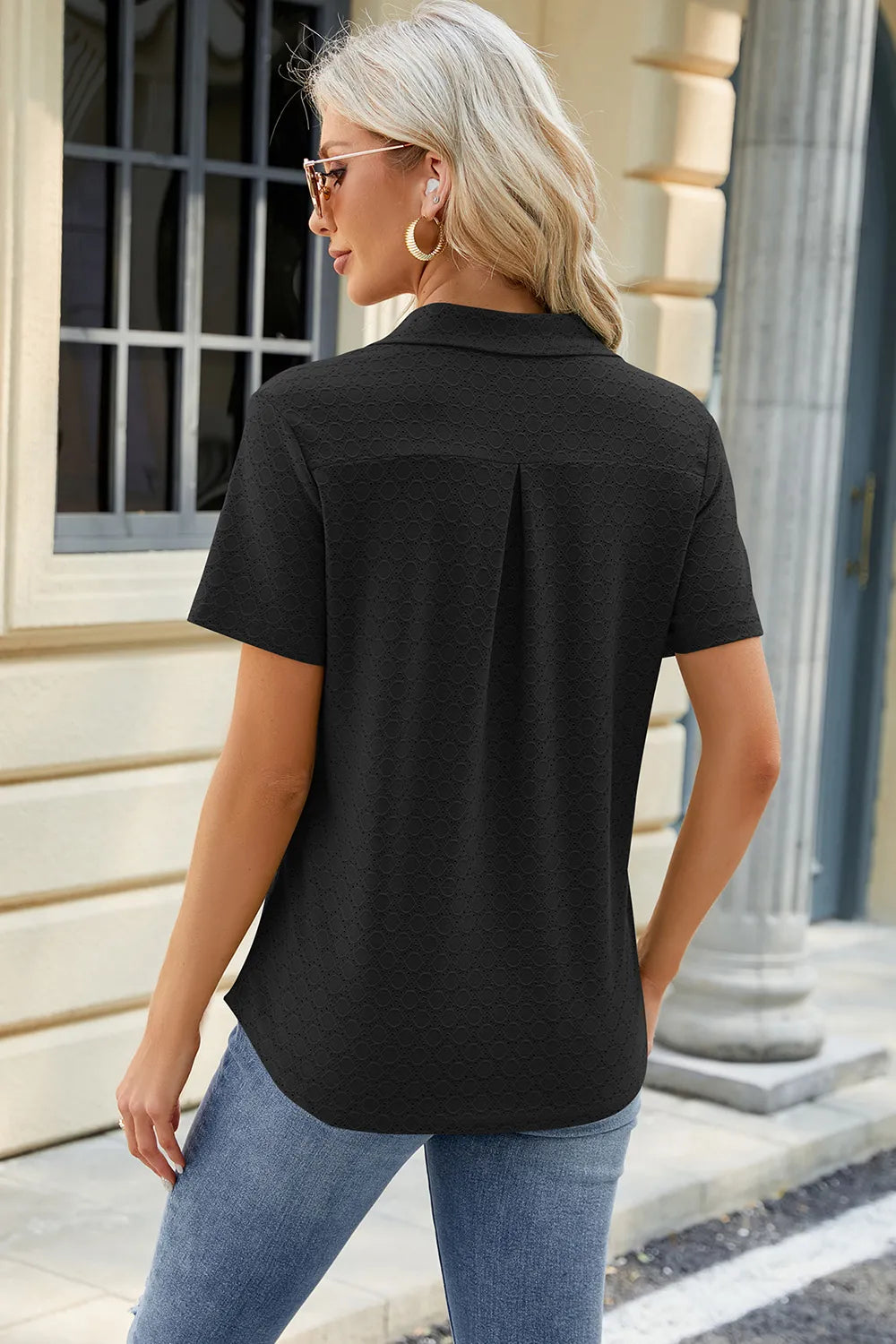 Solid color lapel pocket short sleeved T-shirt loose top for women