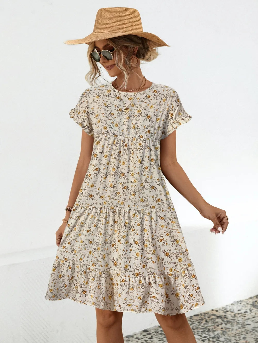 Round neck lotus leaf sleeve printed dress
