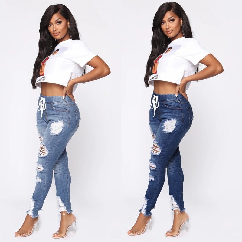 European and American Spring Elastic Waist Women's Jeans, High Waist Piercing, Slim Fit, Small Leg Strap Pants