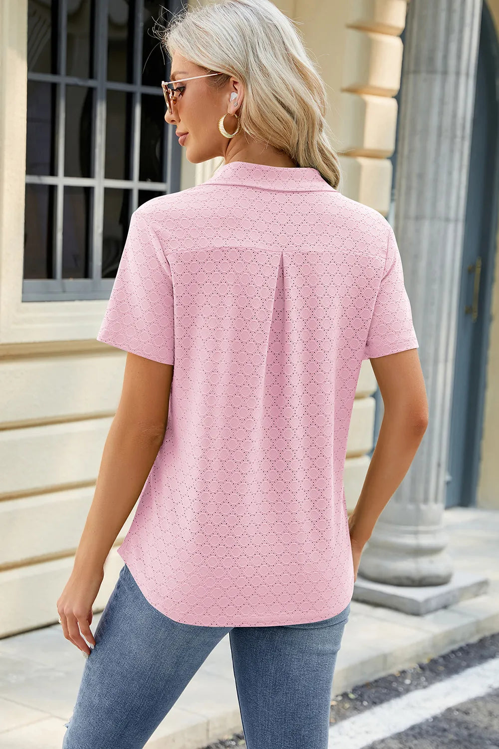 Solid color lapel pocket short sleeved T-shirt loose top for women