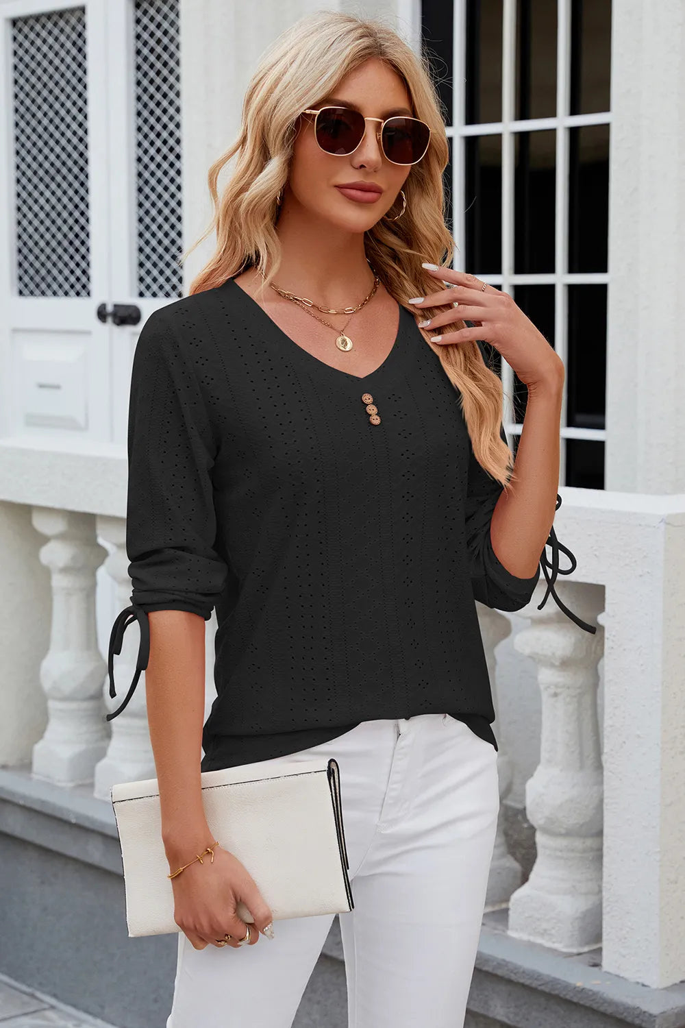 Button V-neck solid color mid sleeve loose T-shirt top for women's wear