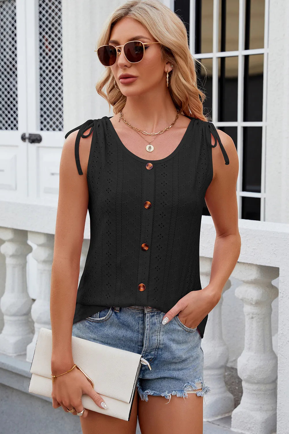 Solid color round neck button drawstring loose vest