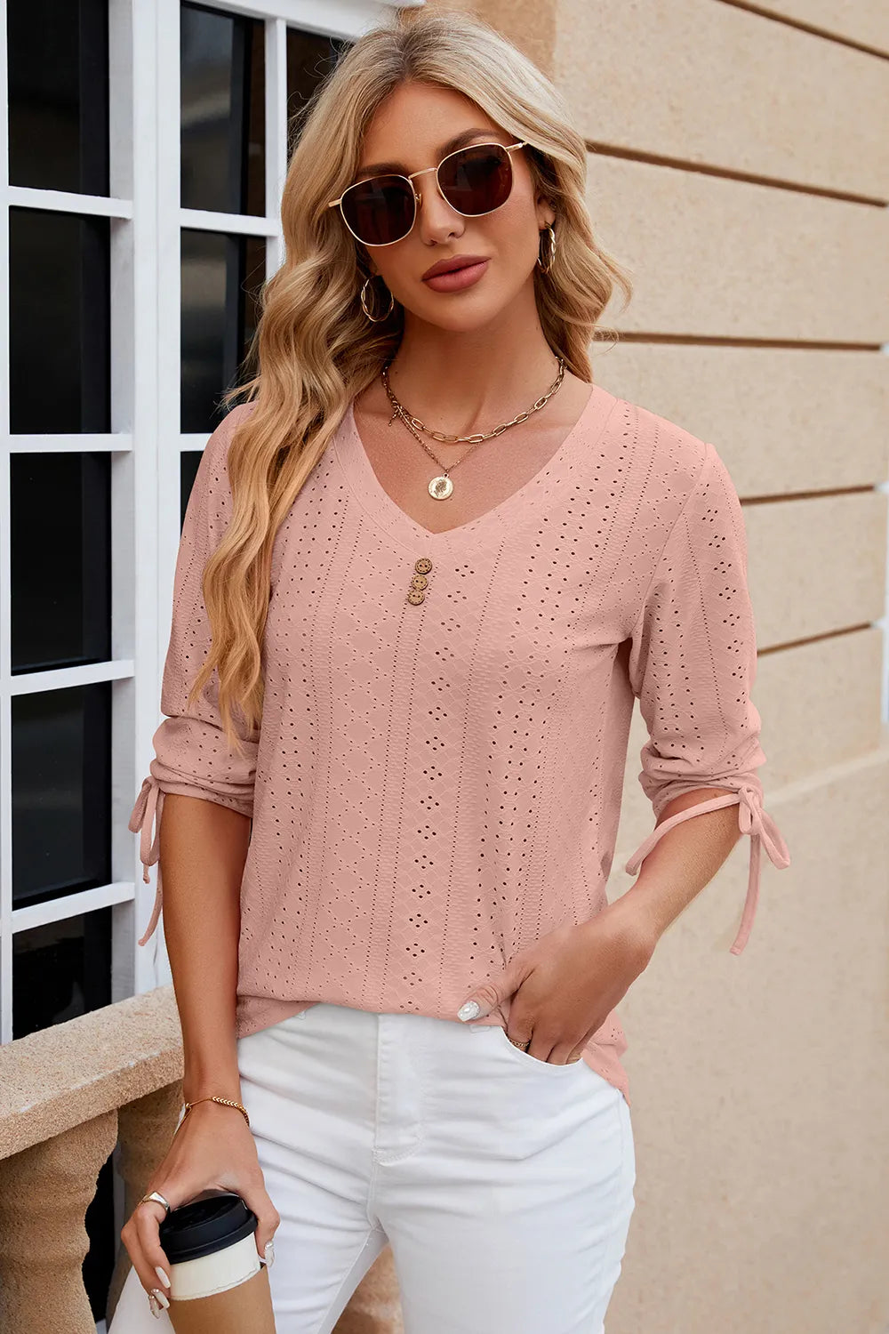 Button V-neck solid color mid sleeve loose T-shirt top for women's wear
