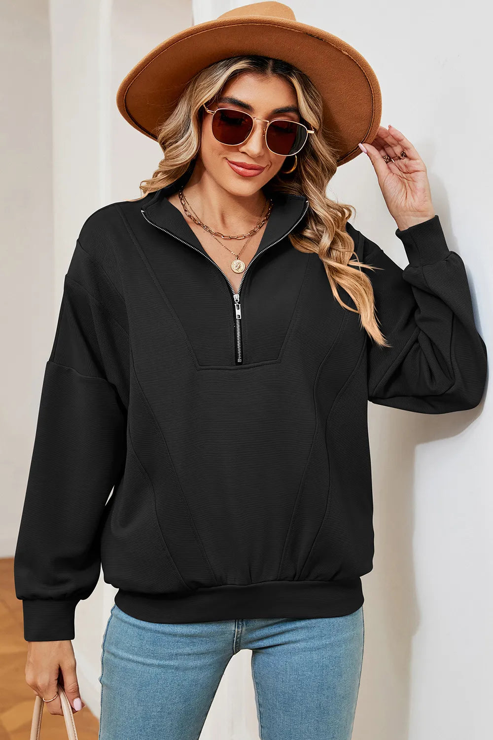 Autumn and winter new solid color zipper long sleeved loose pullover sweatshirt jacket for women