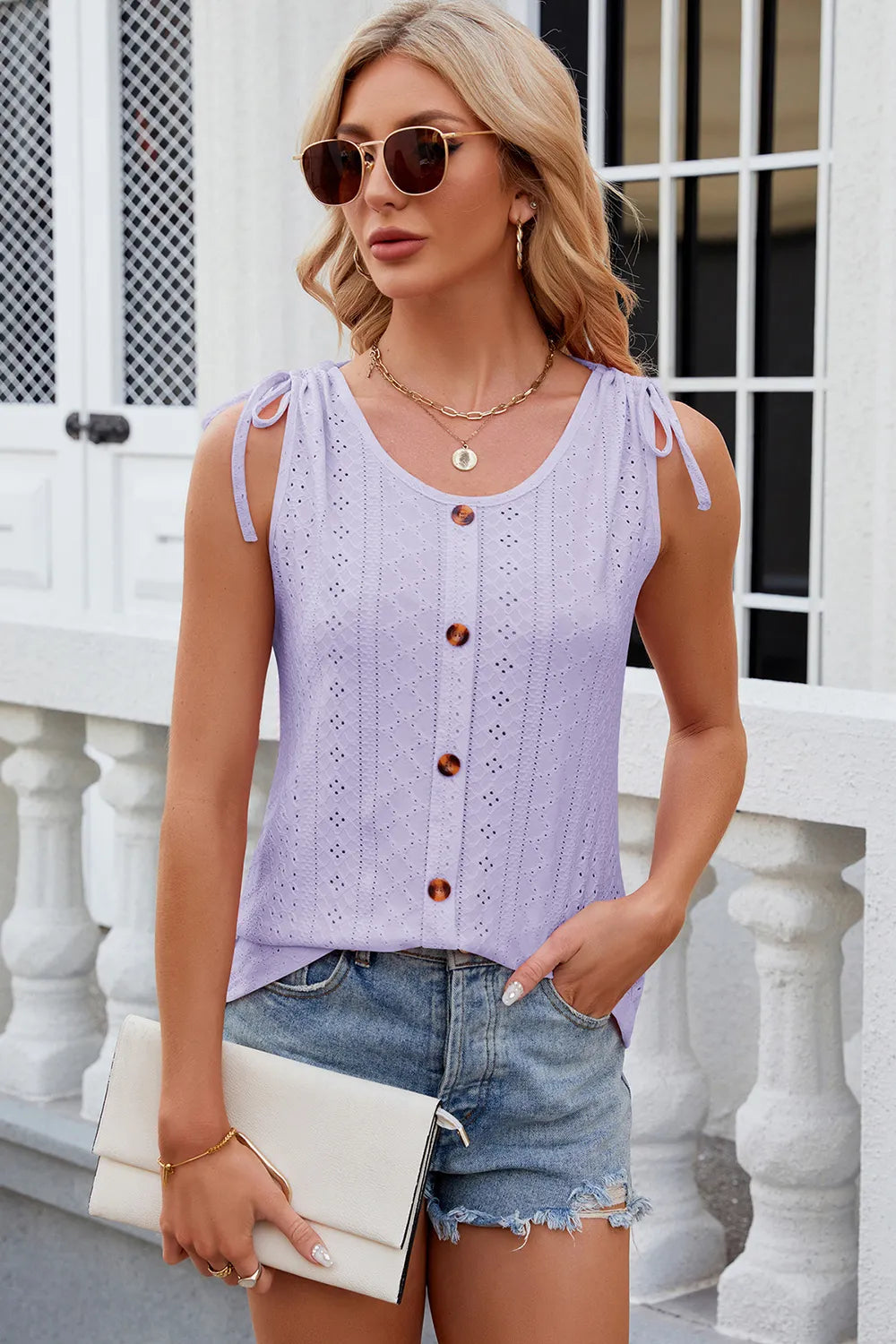 Solid color round neck button drawstring loose vest