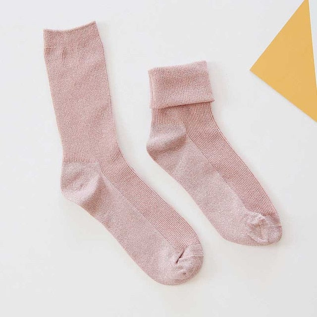 Winter Cotton Solid Shiny Woman Simple Socks Fashion Art Fold Female Student Thick Warm Socks Shiny Metallic Line Sock