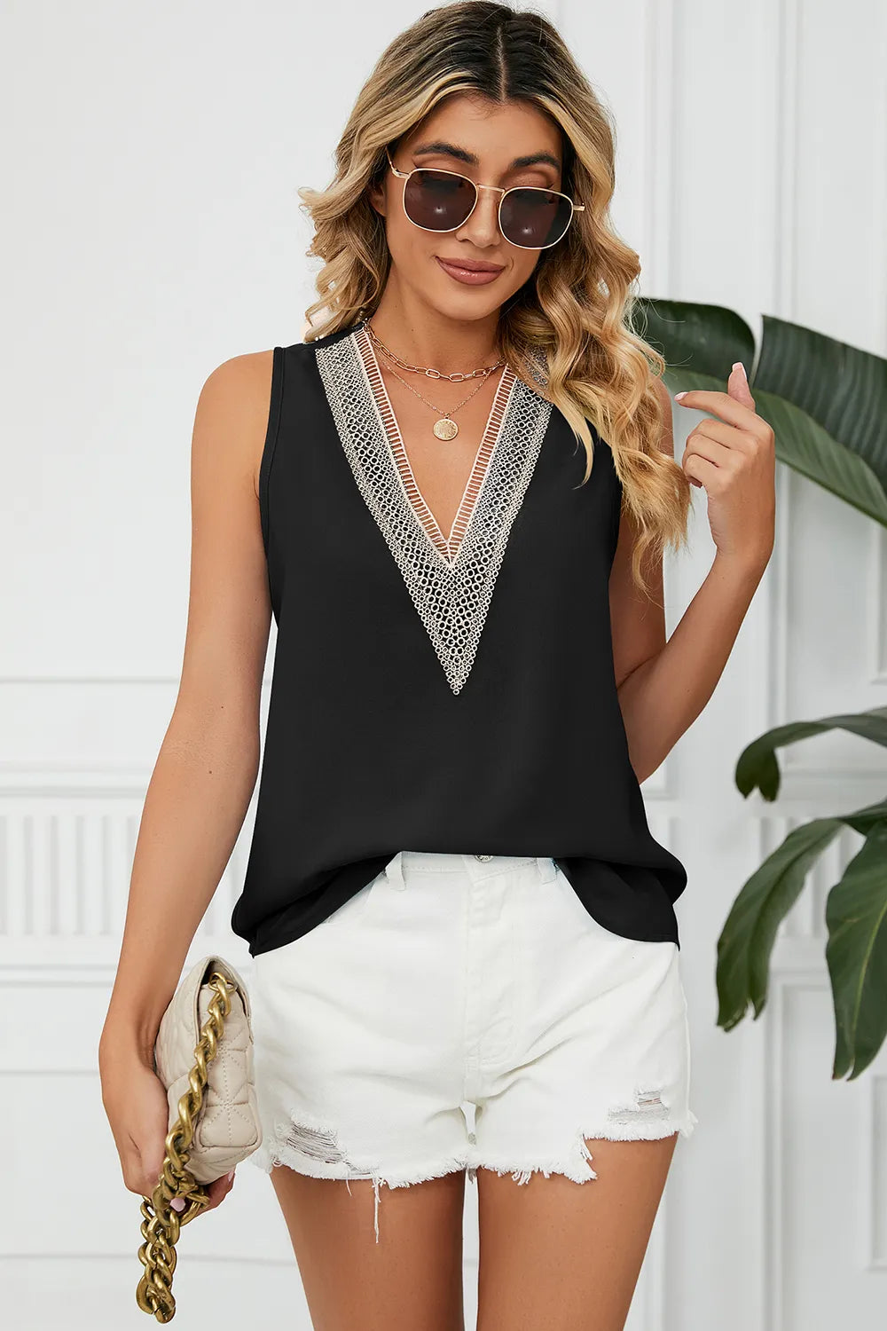 Solid color chiffon shirt loose V-neck pullover sleeveless top vest