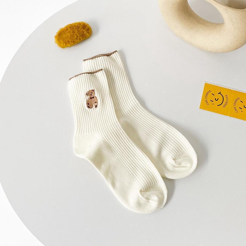 Women's Cute Bear Cotton Socks Comfortable Soft Crew Breathable Sports Sock Cartoon Short Sock Middle Tube Socks 6 pairs