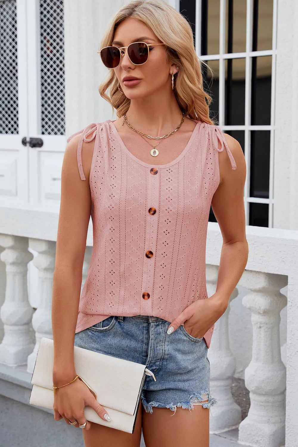 Solid color round neck button drawstring loose vest