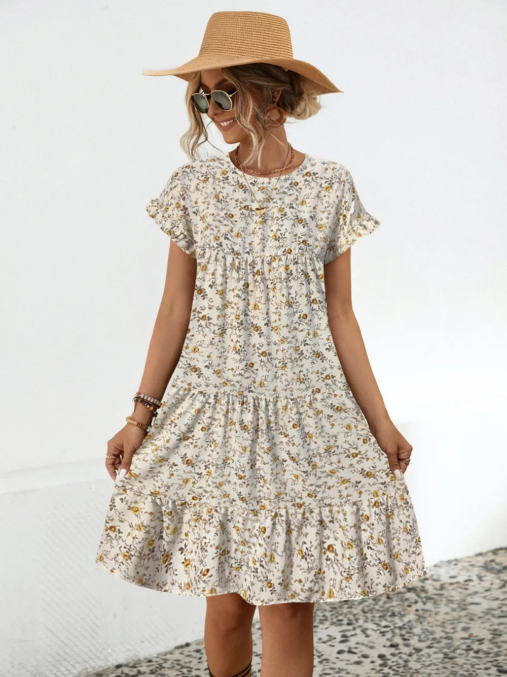 Round neck lotus leaf sleeve printed dress