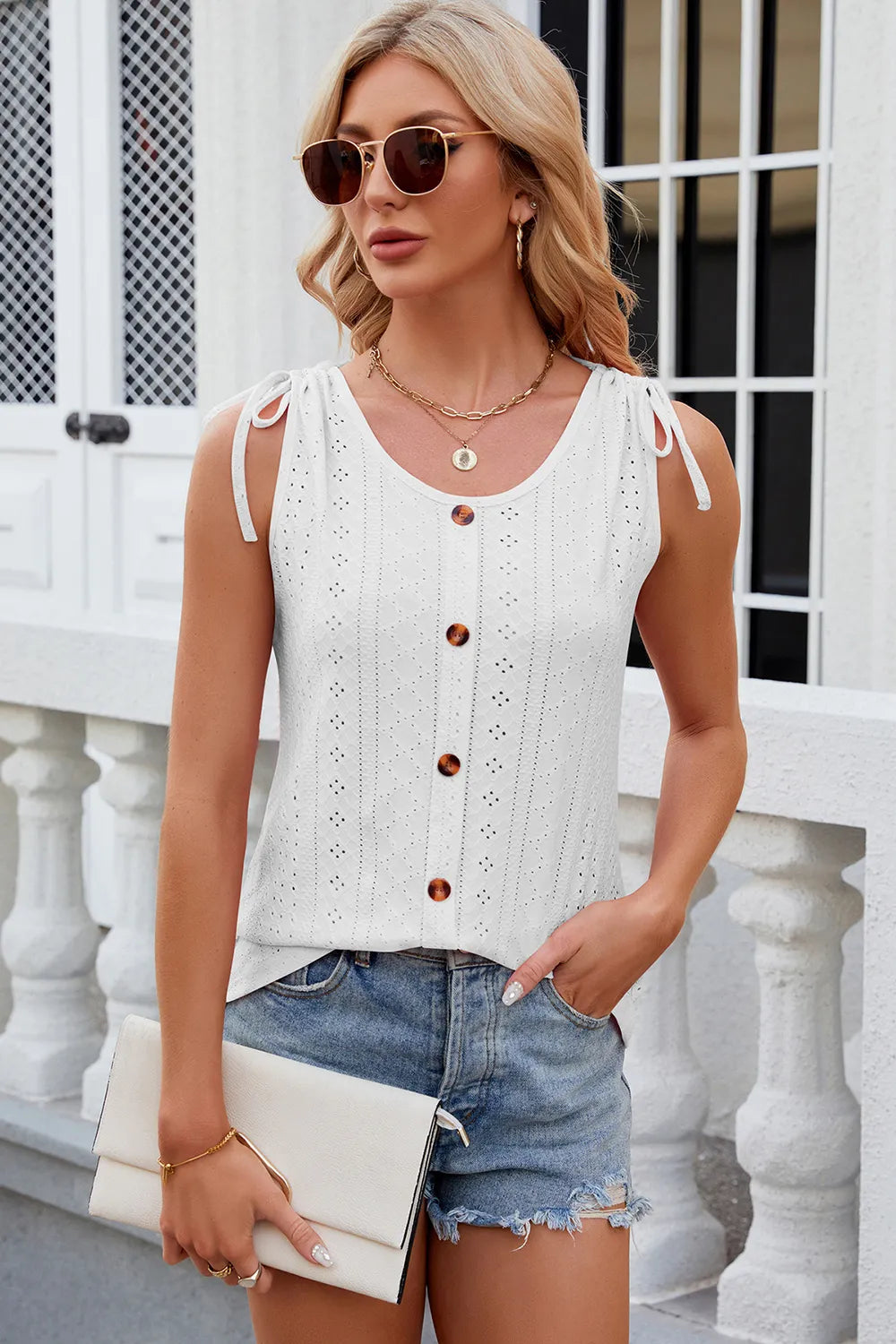 Solid color round neck button drawstring loose vest