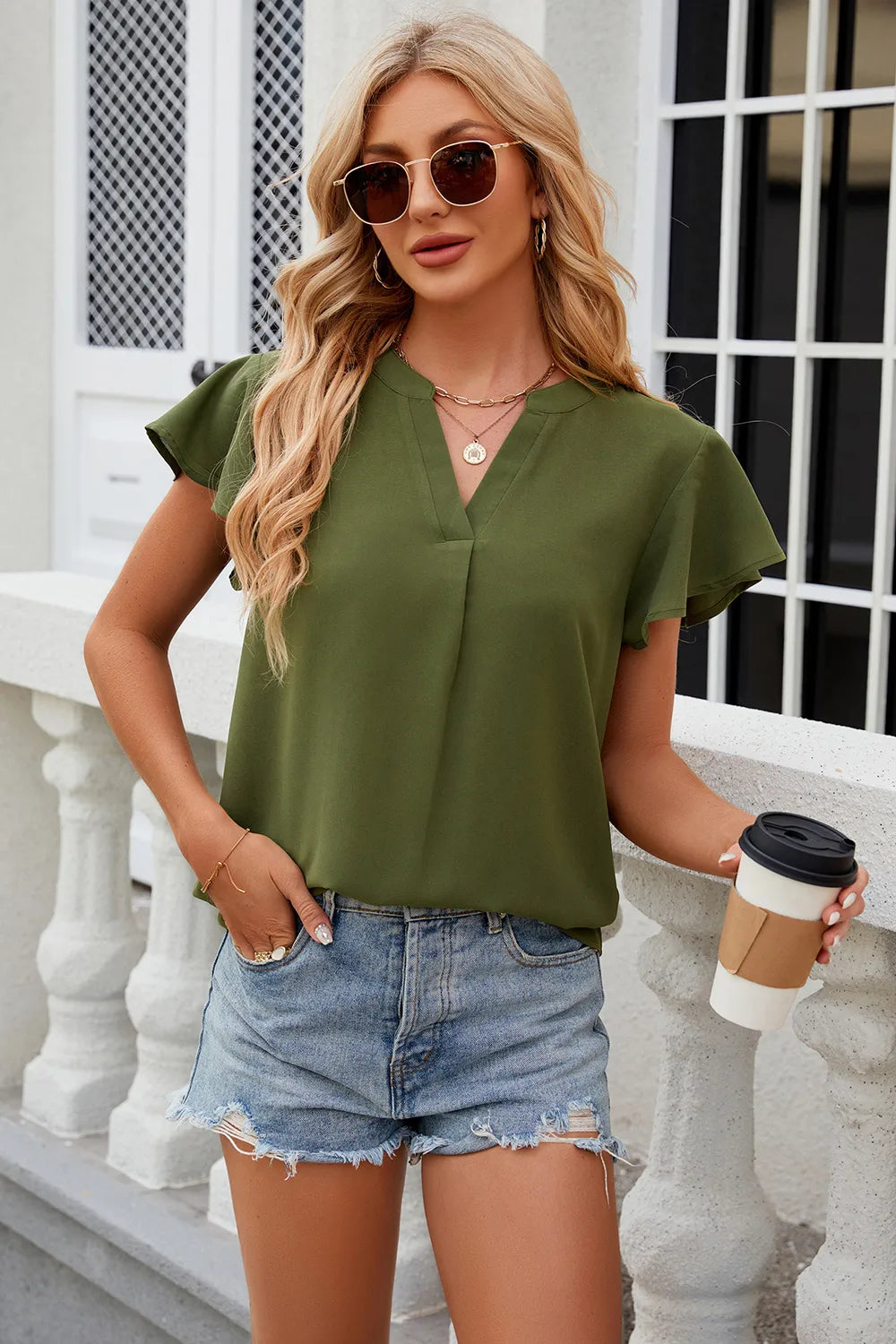 Solid color V-neck loose short sleeved chiffon top for women