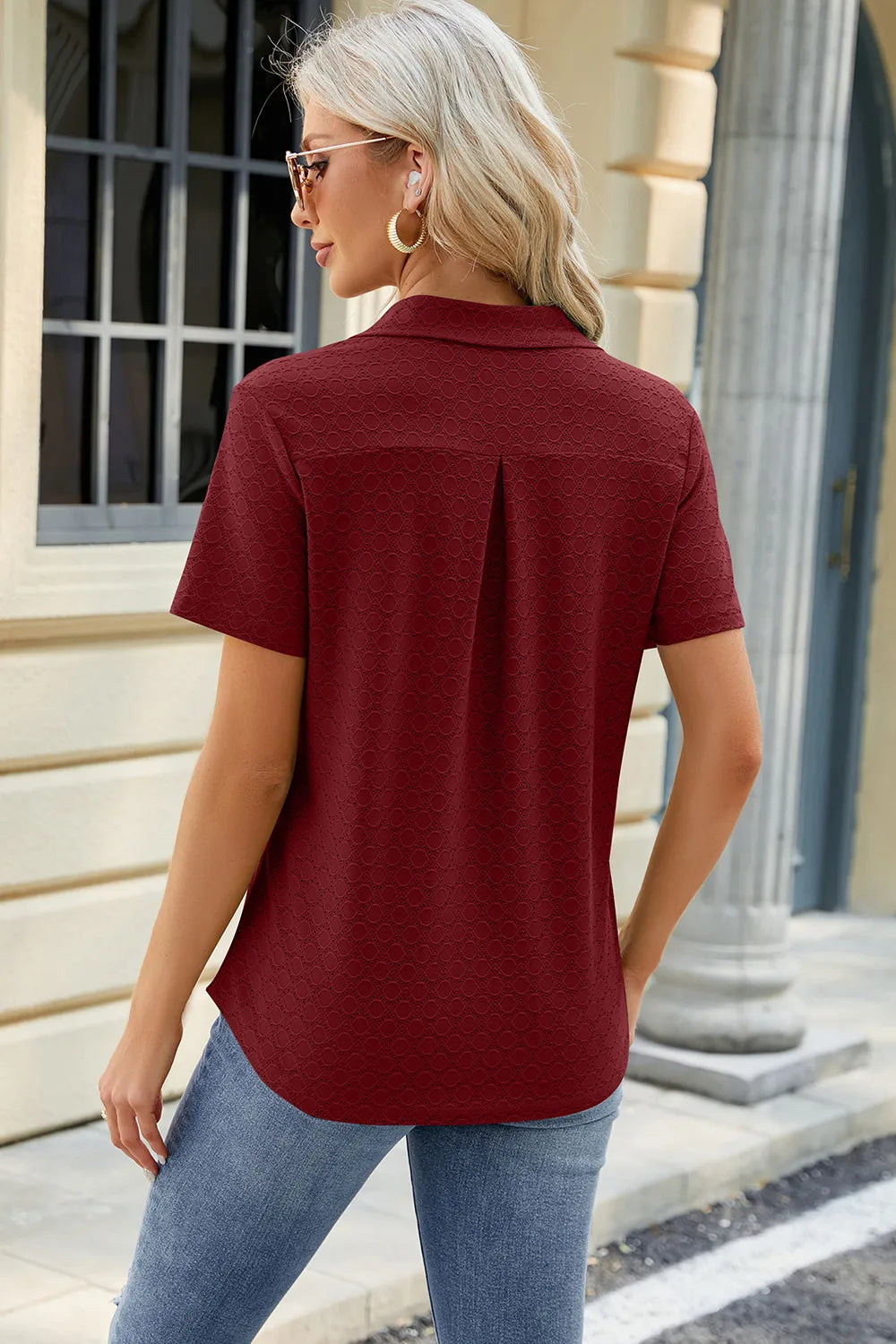 Solid color lapel pocket short sleeved T-shirt loose top for women