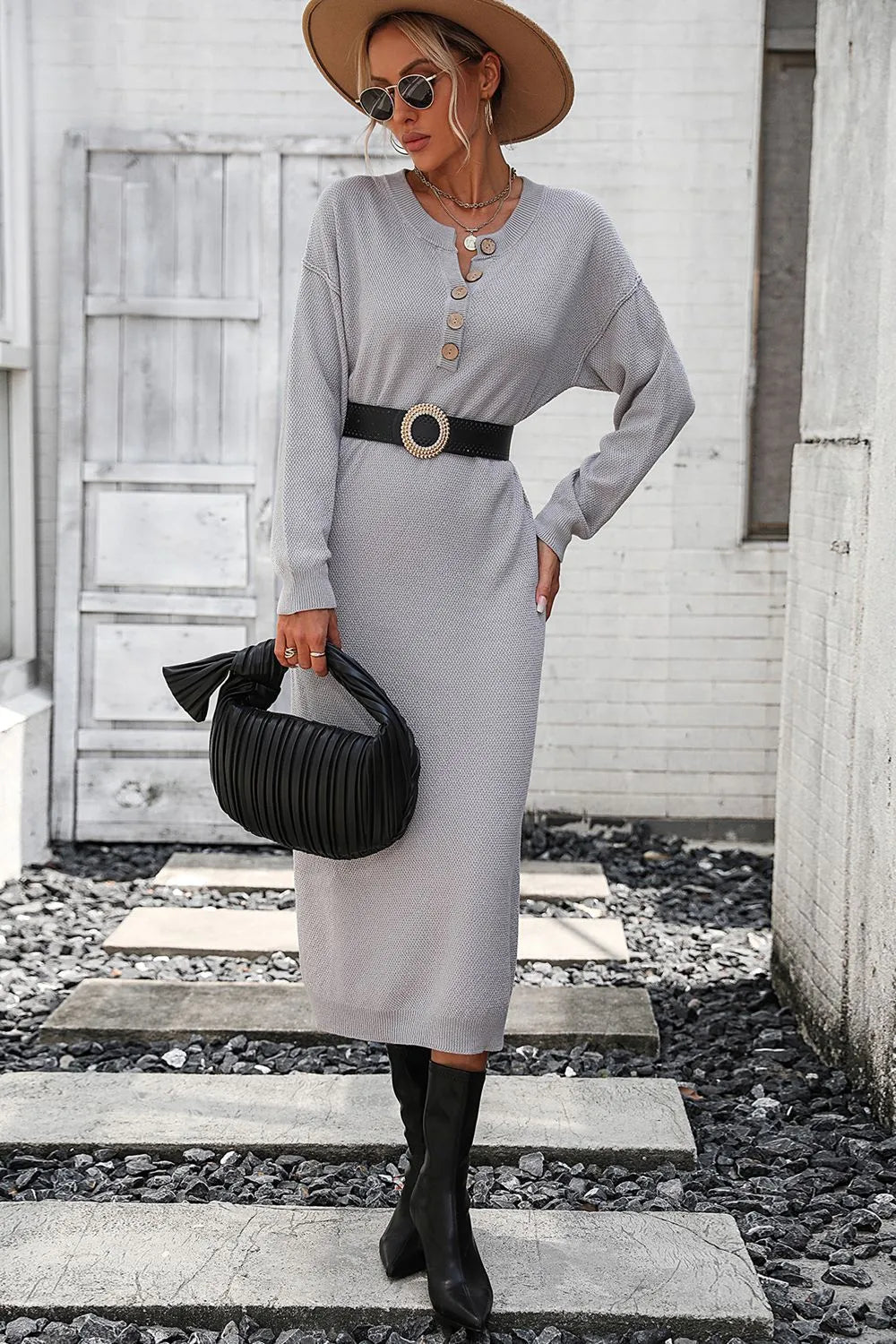 Button knit sweater dress fashionable temperament commuting women's sweater women