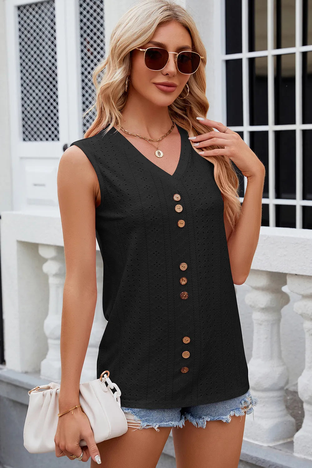 Solid color V-neck button loose vest sleeveless top for women