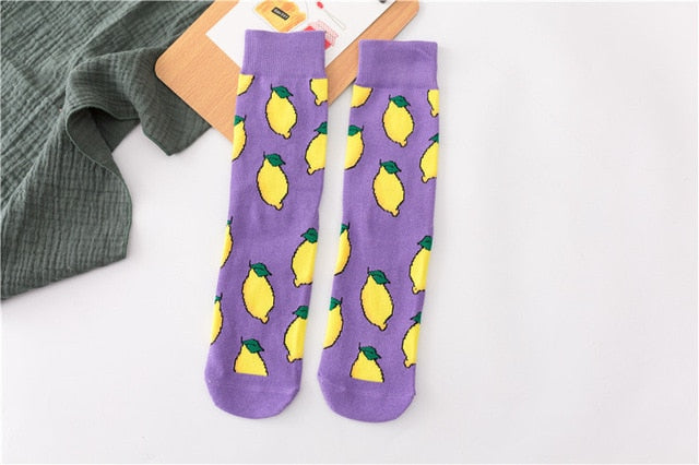 Women Socks Funny Cute Cartoon Fruits Banana Avocado Lemon Egg Cookie Donuts Food Happy Japanese Harajuku skateboard Socks