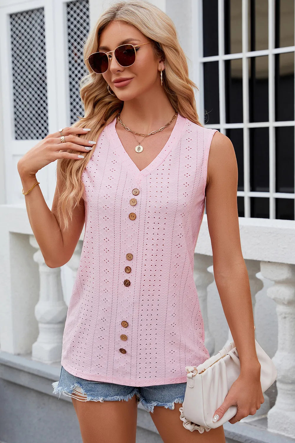 Solid color V-neck button loose vest sleeveless top for women