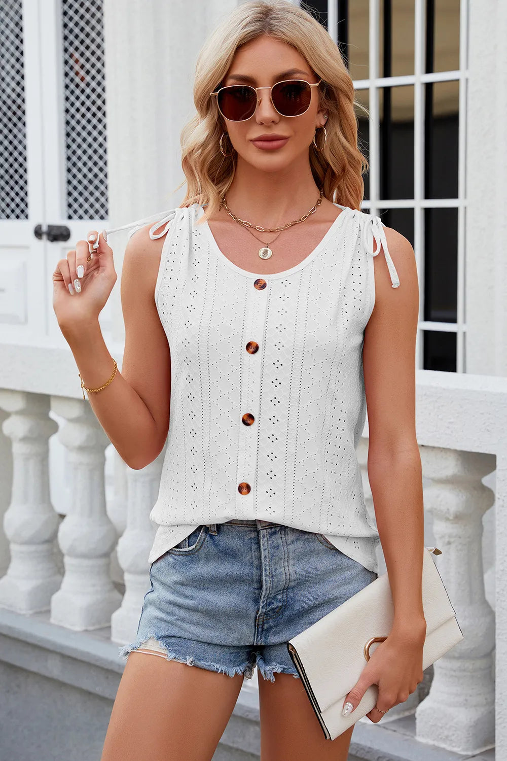 Solid color round neck button drawstring loose vest