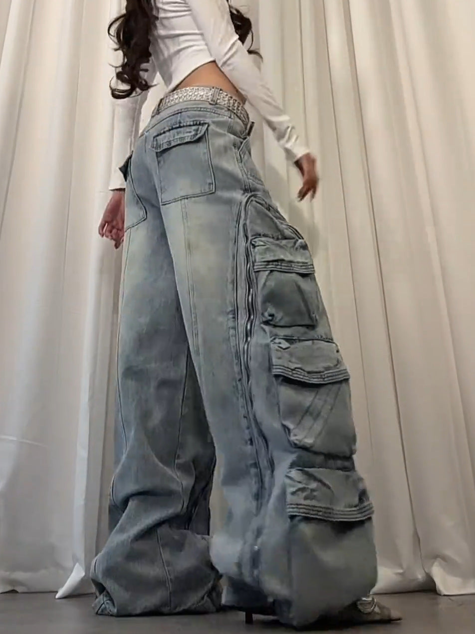 Washed multi pocket workwear jeans women's street straight leg loose wide leg pants