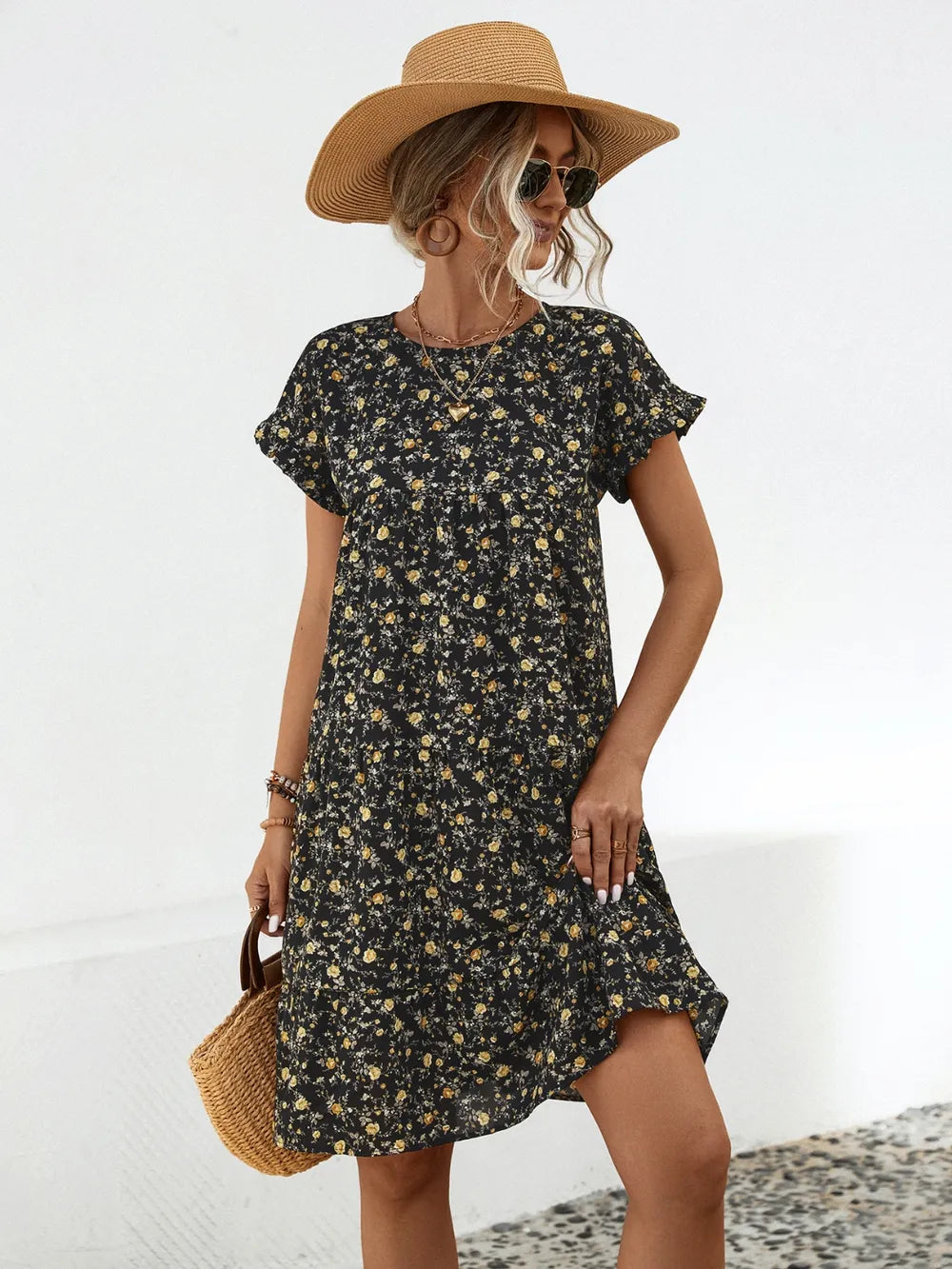 Round neck lotus leaf sleeve printed dress