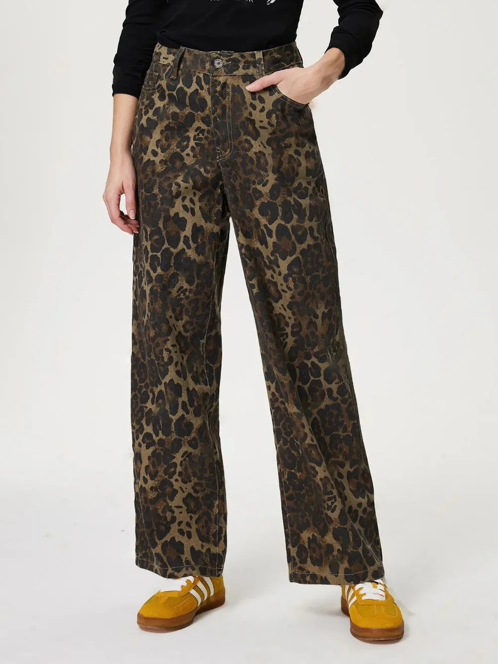 New retro leopard print straight leg denim pants
